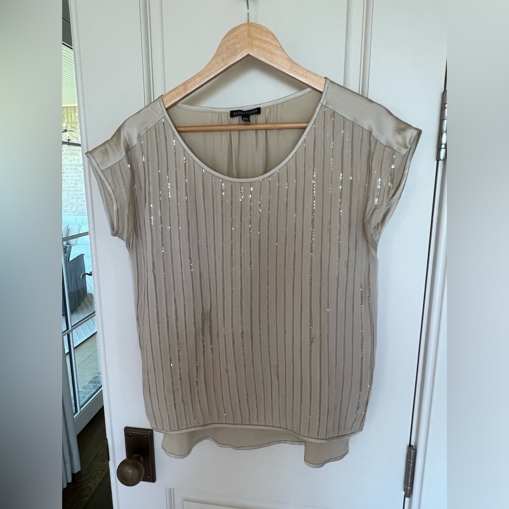 Eileen Fisher Satin and Veiled Sequin Top, women’s XS, excellent conditi…